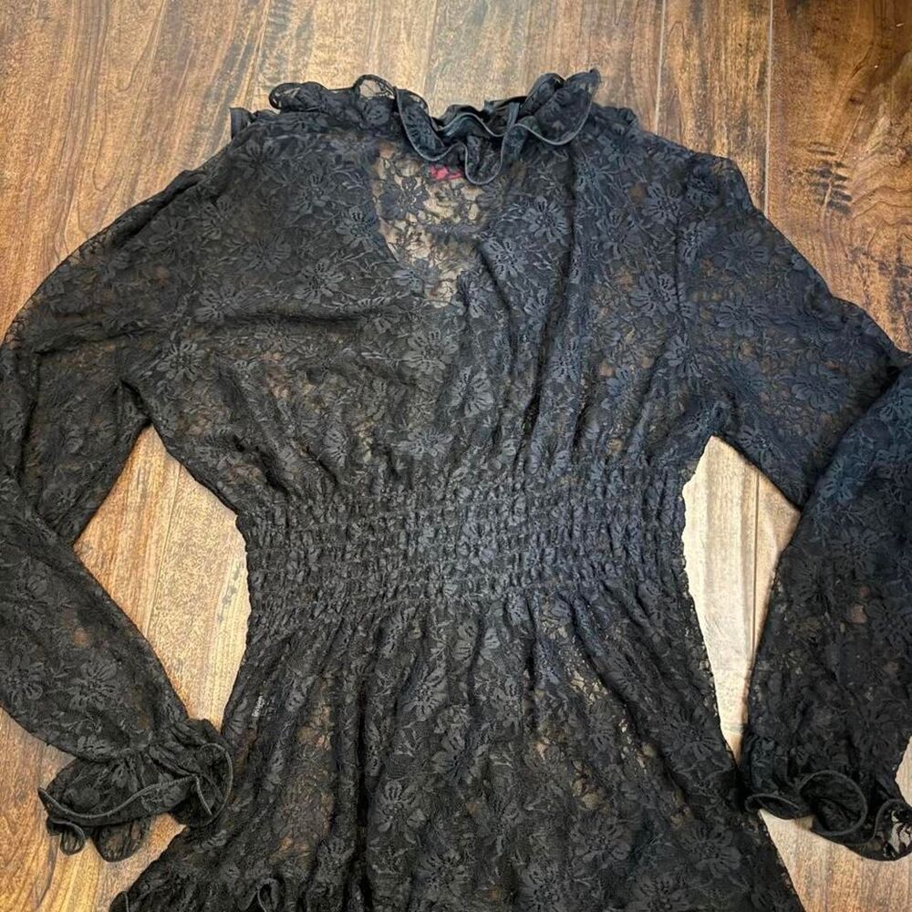 Y2K Black Sheer Lace Button Front Ruffle Blouse Long Sleeve Whimsigoth Gothic - Picture 4 of 8